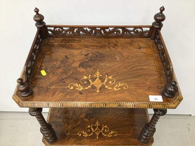 Lot 96 - Victorian inlaid figured walnut three-tier what not with pierced galleried top rail, inlaid foliate marquetry scrolls and parquetry edging on spiral turned supports with original ceramic castors, 5...