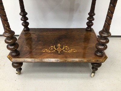 Lot 96 - Victorian inlaid figured walnut three-tier what not with pierced galleried top rail, inlaid foliate marquetry scrolls and parquetry edging on spiral turned supports with original ceramic castors, 5...