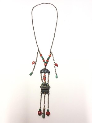 Lot 536 - Chinese white metal enamelled panel necklace, the top panel suspended with coral teardrop bead, the lower panel with three chains terminated with turquoise, green hard stone and carnelian beads. Th...