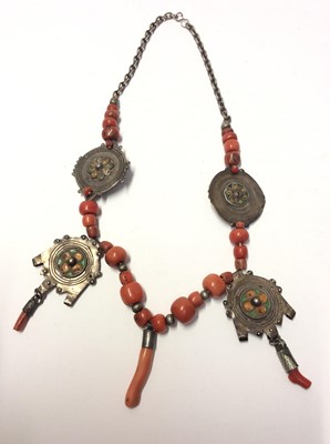 Lot 537 - Old Chinese coral bead necklace with four white metal enamelled disc pendants, and one other coral bead necklace with white metal bead decoration