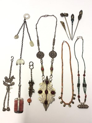 Lot 538 - Group old Chinese jewellery including white metal panel necklace set with red cabochon stones, gilt metal hair pins/ornaments and other bead necklaces