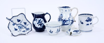 Lot 49 - Collection of Lowestoft blue and white pieces, including a coffee can, painted with a pagoda beneath a willow tree