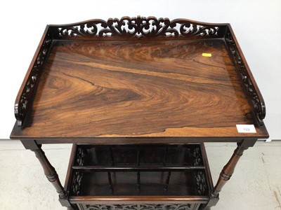 Lot 102 - Good quality Regency rosewood Canterbury what-not with finely pierced gallery, three division Canterbury section below, finely pierced panels and frieze drawer below, 55cm wide x 88cm height x 39cm...