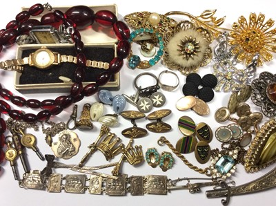 Lot 542 - Group costume jewellery including pair gilt metal RAF cufflinks, other various cufflinks, silver jewellery, paste set vintage brooches, simulated cherry amber bead necklace, ladies gold plated wris...