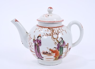 Lot 51 - Lowestoft globular teapot and cover, painted in the Mandarin style with two figures and a man with a bird, red line and loop border, 14.7cm high including cover