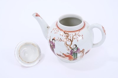 Lot 51 - Lowestoft globular teapot and cover, painted in the Mandarin style with two figures and a man with a bird, red line and loop border, 14.7cm high including cover