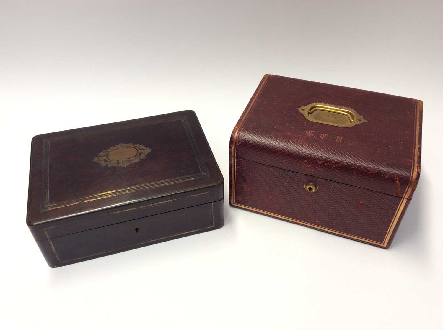 Lot 544 - Victorian rosewood jewellery box with brass inlay decoration and Victorian red leather jewellery box with velvet interior