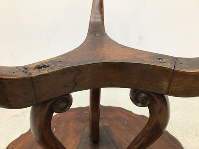 Lot 134 - Georgian style burr walnut finished coffee table with piecrust top on three scroll supports with three hipped splayed legs terminating on pad feet, 60cm wide x 49cm high