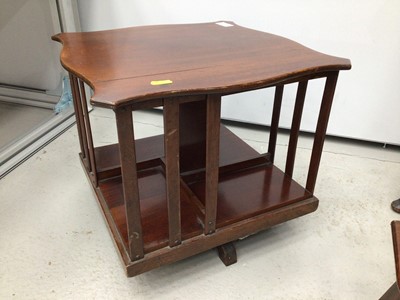 Lot 135 - Small group of furniture to include an Edwardian walnut desk-top revolving bookcase, 34cm high x 37cm square, two mahogany wall mounted cupboards, two Victorian hanging shelves and two footstools