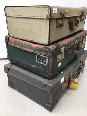 Lot 136 - Three vintage suitcases and two vintage cabin trunks, together with vintage tennis racquets