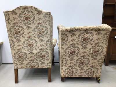 Lot 137 - Georgian style wing back armchair with floral upholstery on cabriole front legs and one other similar chair (2)