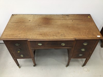 Lot 138 - Late 19th century inlaid mahogany kneehole sideboard with seven drawers on square taper legs and brass capped castors 138cm wide, 60cm deep, 83cm high