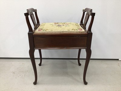 Lot 142 - Edwardian inlaid mahogany piano stool with floral tapestry seat on slender cabriole legs, 53cm wide, 35cm deep, 68cm high