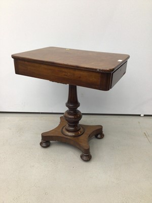 Lot 145 - Unusual Regency mahogany writing table with single drawer and fitted interior on turned column and quatrefoil base with turned feet, 68cm x 49cm x 72cm high