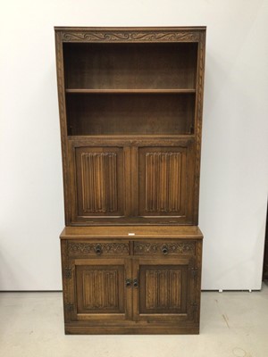 Lot 147 - Old charm two height unit with shelves and drop flap front with stationary fitted interior and two drawers and cupboard doors below    H198cm W92cm D48cm