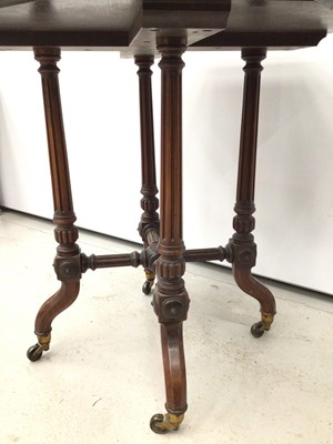 Lot 153 - Good quality late Victorian burr walnut occasional table by Langebear & Co, the octagonal top with crossbanded and inlaid stringing on four fluted and turned legs joined by conforming cross stretch...