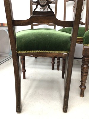 Lot 154 - Matched set of eight Edwardian carved walnut dining chairs with pierced splat back, green upholstered seats on turned front legs