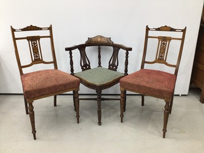 Lot 155 - Edwardian inlaid mahogany corner chair together with pair of Edwardian inlaid rosewood side chairs (3)