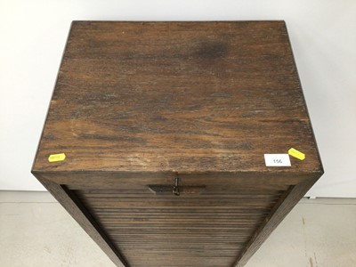 Lot 156 - 1930's oak filing cabinet with pull out sliding trays enclosed by tambour shutter, with lock and key, 47cm wide, 114cm high, 36cm deep