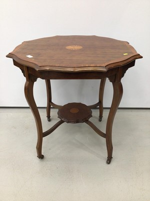 Lot 157 - Edwardian inlaid mahogany and satinwood centre table with shaped top, with chequered stringing and satinwood crossbanding, on four shaped supports and undertier, 78cm diameter