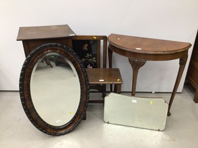 Lot 163 - Group of furniture to include Demi lune hall table, oak plant stand, oak occasional table, tapestry firescreen in oak frame, and two wall mirrors (6)