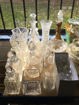 Lot 11 - Group of cut glass ware to include Georgian and later decanters, together with a box of assorted decanter stoppers