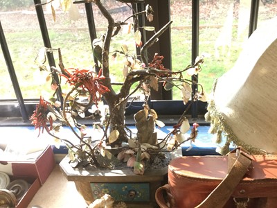 Lot 17 - Japanese Cloisonne enamel and hardstone Bonsai tree, together with other items including a Toleware Chestnut basket, cameras, binoculars, tassels and a wooden jardinere stand