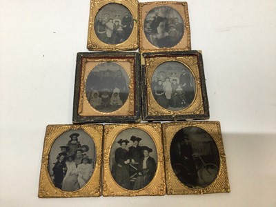 Lot 809 - Early photographs - Daguerreotypes (x7) portraits including lady with bicycle Primrose Day 1898 and family groups. Also some carte de Visites, Cabinet cards, school groups and 1930's souvenir mount...