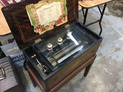 Lot 2393 - Large late 19th century Swiss musical box playing eight tunes striking on six bells, in marquetry inlaid case on a later bespoke stand