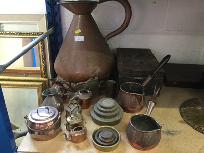 Lot 22 - Antique Copper 2 Gallon measure, together with miniature copper spirit kettles, copper brandy warmers and other antique metalware (qty)
