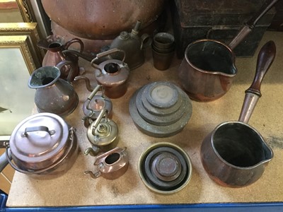 Lot 22 - Antique Copper 2 Gallon measure, together with miniature copper spirit kettles, copper brandy warmers and other antique metalware (qty)