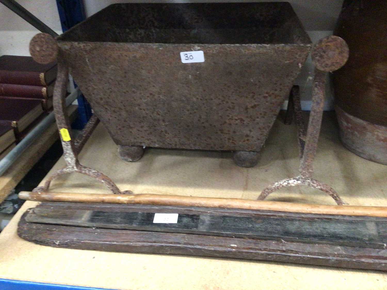 Lot 30 - Group of sundry items to include a cobblers last, iron fire dogs, metal coal bin and other items.