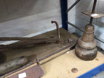 Lot 30 - Group of sundry items to include a cobblers last, iron fire dogs, metal coal bin and other items.