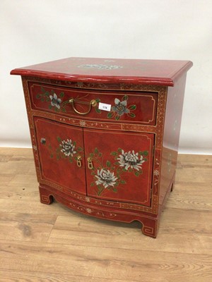 Lot 178 - Oriental style serpentine fronted chest with single drawer and cupboards below with bird and floral decoration, 55cm wide, 42cm deep, 58.5cm high