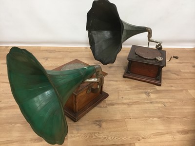 Lot 1104 - Vintage gramophone, unsigned with green painted horn, together with another similar