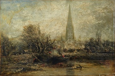 Lot 1152 - Manner of John Constable oil on canvas - Salisbury Cathedral, unframed