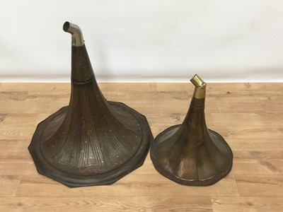 Lot 1105 - Large antique gramophone tin horn, 87cm diameter at the bell, together with another smaller. (2)