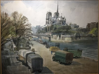 Lot 68 - Alfred Peachy ink and watercolour study, Notre Dame from the Seine, Paris, mounted in glazed frame, image size 46.5 x 35.5cm