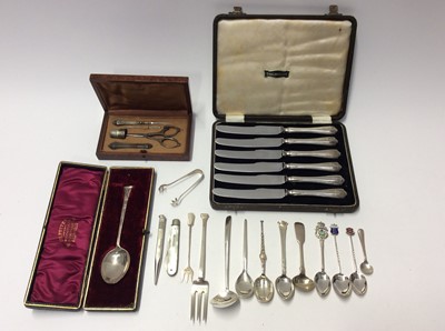 Lot 564 - Group silver flatware including various silver spoons, silver fork, silver and mother of pearl fruit knife, sterling silver propelling pencil, cased set of six silver handled butter knives and sewi...