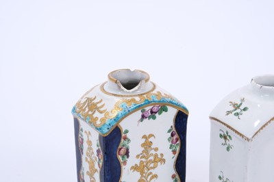 Lot 58 - Lowestoft tea canister and cover, painted in blue with the Robert Browne pattern, with added enamel decoration, and a further Lowestoft tea canister painted with gold and green sprigs