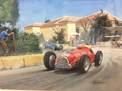 Lot 1225 - Rodney Diggens (b. 1937)- Contemporary water colour and gouache study 'Coppa Acerbo', Juan Manuel Fangio driving the type 158 Alfa Romeo in 1950, with label verso, signed and dated 88, mounted in g...