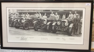 Lot 1223 - Alan Stammers limited edition print no. 34 / 250, The 'Bentley Boys' Victory at Le Mans 1929, in glazed frame, together with a watercolour study of a 1960's Ferrari (2)