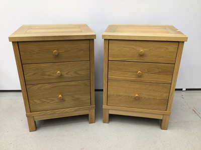Lot 191 - Contemporary light oak bedroom suite comprising tall narrow chest of five drawers, 48cm wide, 41cm deep, 123cm high, pair of three drawer bedside chests and a double bed, 163cm wide