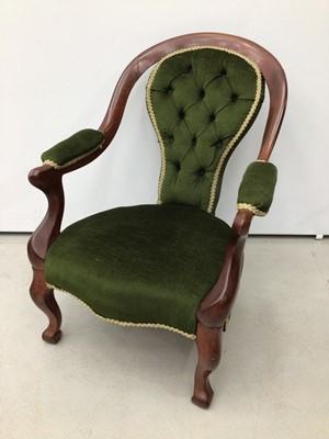 Lot 206 - Victorian style open armchair with buttoned green upholstery on cabriole front legs