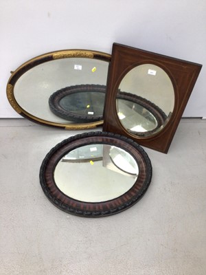Lot 211 - Edwardian inlaid mahogany framed bevelled wall mirror, 60cm x 44cm, and two other framed bevelled wall mirrors (3)
