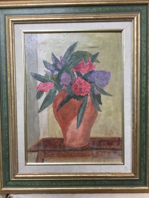 Lot 328 - Manner of Christopher Wood, oil on board still life, together with a pair of early 20th century stipple engravings and a 19th century chalk portrait