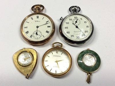 Lot 571 - Gold plated Waltham pocket watch, Sperina stop watch, Ingersoll fob watch and two ladies pendant watches