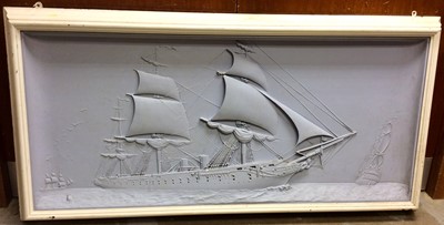 Lot 1114 - Plaster relief model of steam frigate, believed removed from a pub, 146 x 75cm overall