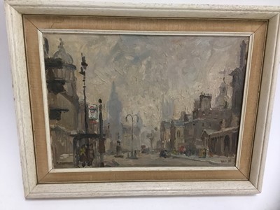 Lot 287 - Ron Whittenbury (mid 20th century) oil on board London street scene, signed and dated '55:;25 x 34, framed