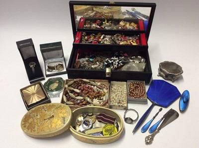 Lot 574 - Quantity costume jewellery, silver and blue enamel dressing table items, vintage silver cased wristwatch, WWI medal and bijouterie